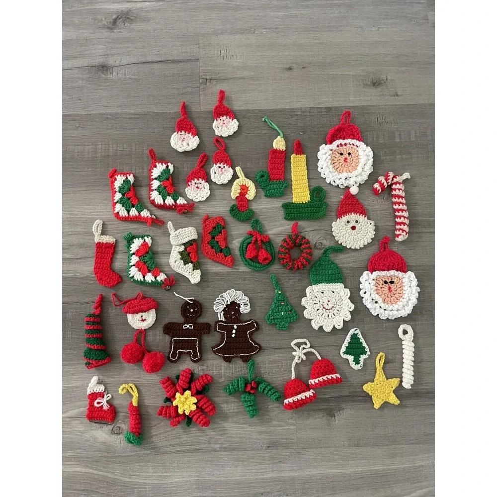 Vintage Lot of 33 Handmade Chrocheted Christmas Ornaments Santas Wreaths Candles